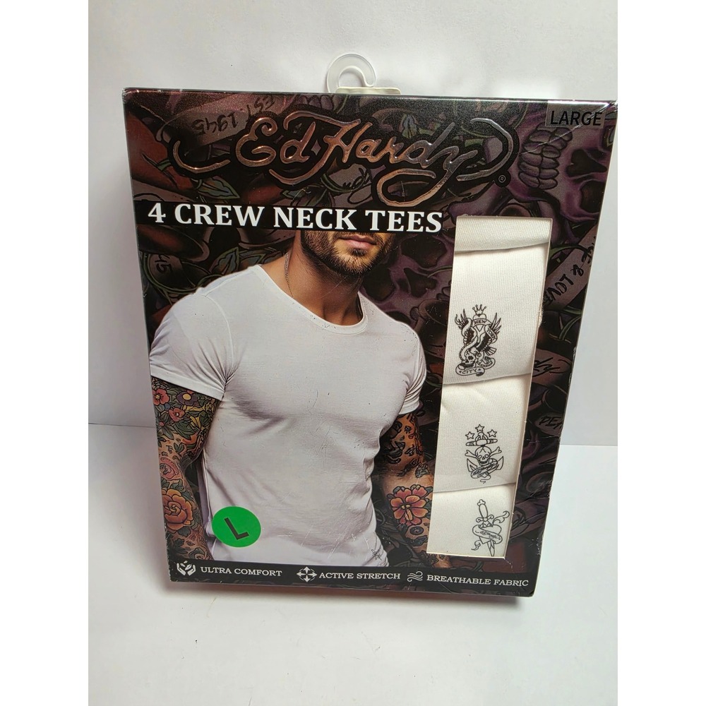 Ed Hardy Mens 4 Pack Crew Neck Tees White Graphic Undershirts Size Large NIB